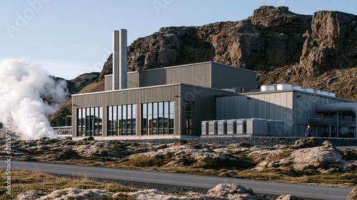 Massive green data center cooling facility in Iceland sits against volcanic rock terrain, rows of modular server units visible through large industrial windows, geothermal steam venting nearby, a fa