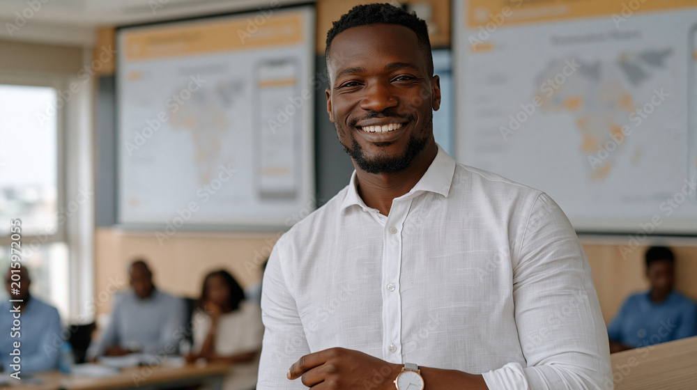 Fototapeta premium Fintech startup founder presents mobile banking interface mockups to microfinance investors in a Lagos conference room, projected slides showing unbanked population maps of West Africa, local journa