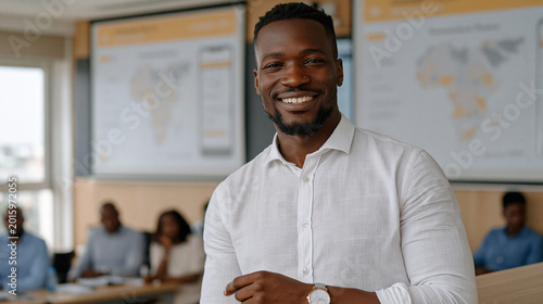 Fintech startup founder presents mobile banking interface mockups to microfinance investors in a Lagos conference room  projected slides showing unbanked population maps of West Africa  local journa