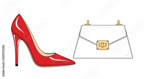 A striking red patent leather stiletto shoe sits next to a crisp white envelope handbag with golden hardware on a clean white background in a studio shot.