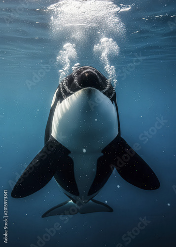 a large black and white orca swimming underwater with bubbles rising to the surface in the ocean wit
