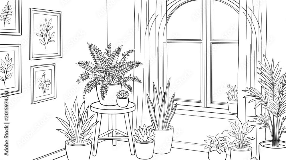 Fototapeta premium Cozy corner filled with houseplants and framed botanical prints, bringing a touch of nature indoors