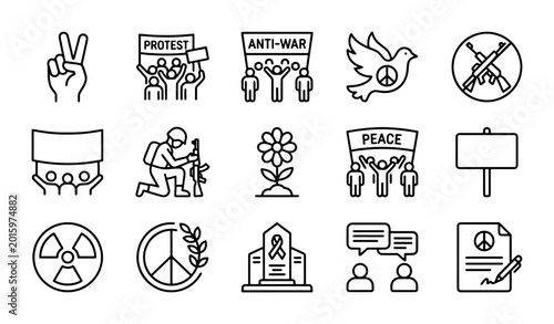 Photos Peace and Protest Icons: Anti-War, Dove, V-Sign, Nuclear Symbol, Vector Set