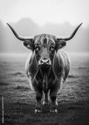 A large bull standing in a field with its horns pointed outward looking at the camera in black and w