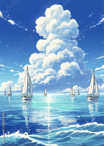 a serene ocean scene with sailboats and large fluffy clouds in the sky on a sunny day with gentle wa