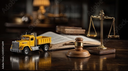 Yellow dump truck, gavel, and scales of justice on a desk