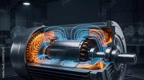 Electric motor cutaway revealing copper windings and magnetic field visualization