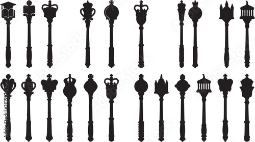 Tableau sur toile Collection of royal scepters and maces silhouettes, symbolizing authority and power