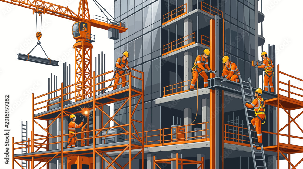 Fototapeta premium Construction workers building a modern skyscraper on a construction site with a crane and scaffolding