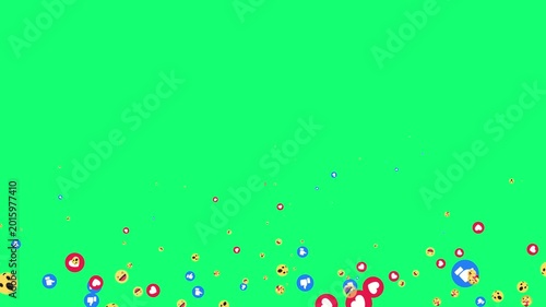 Animated social media live streaming style reaction emojis flying on a green background. Emojis flying moving upwards direction while live chatting streaming concept reacting to positive viral post