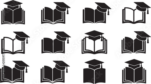 Graduation caps and open books icons.