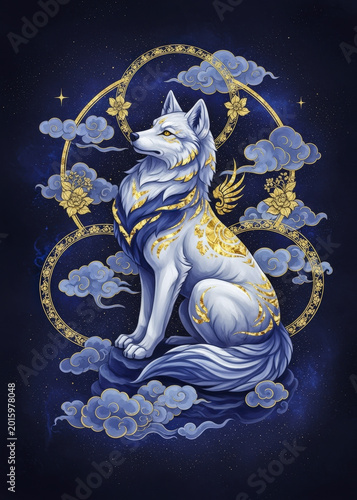 Mystical White Fox with Golden Accents Sitting Among Clouds Under a Starry Night Sky white fox with