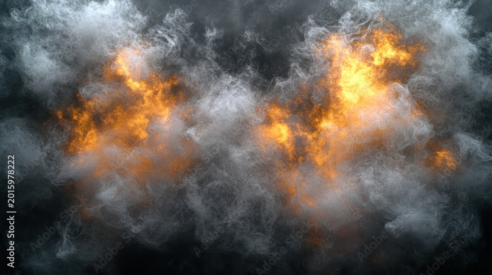Fototapeta premium Bright flames flicker amidst thick smoke creating a dramatic and mesmerizing atmosphere