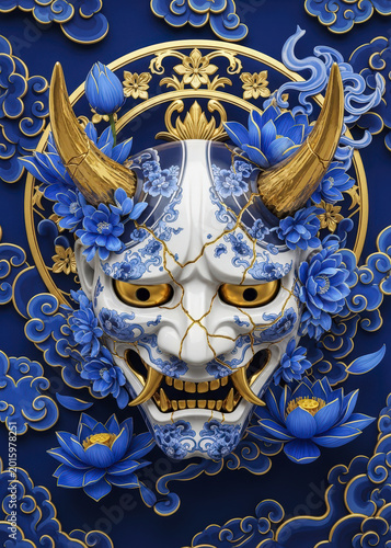 Intricate Blue and Gold Japanese Oni Mask with Floral and Lotus Motifs japanese oni mask blue and go