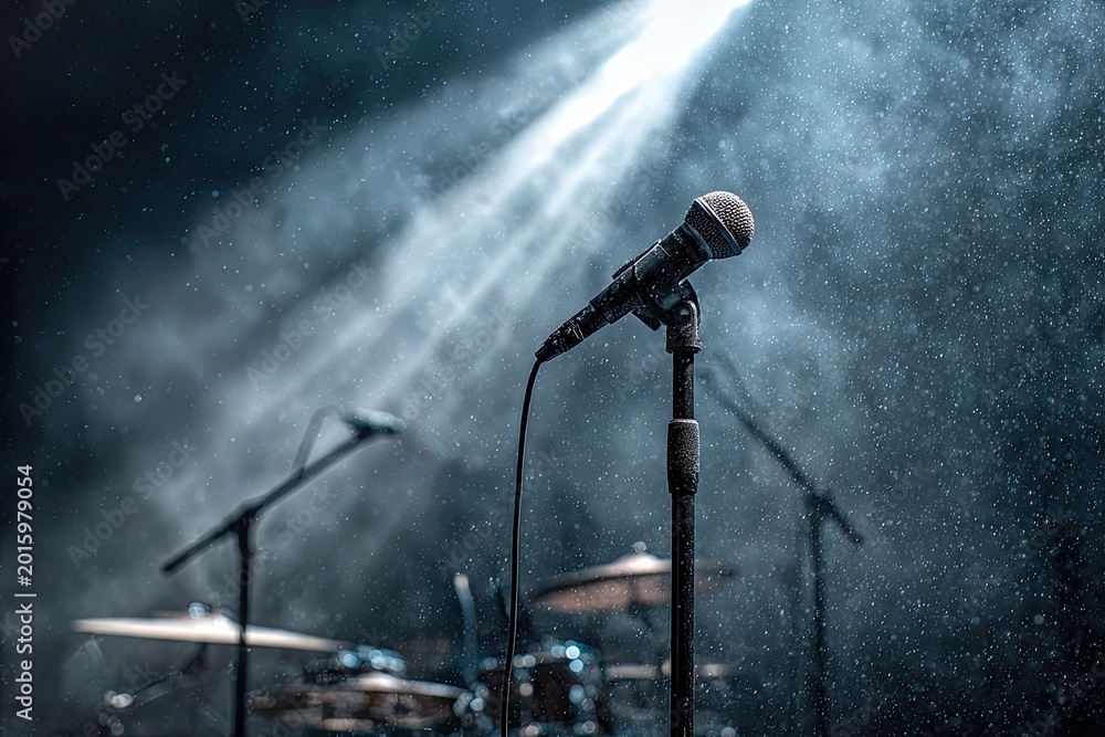 Obraz premium Stage microphone illuminated by dramatic spotlight in smoky atmosphere