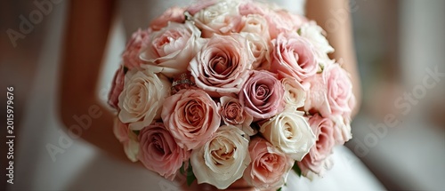 A wedding bouquet of roses in the hands of the bride. Banner. Wedding day concept. Happy bride.