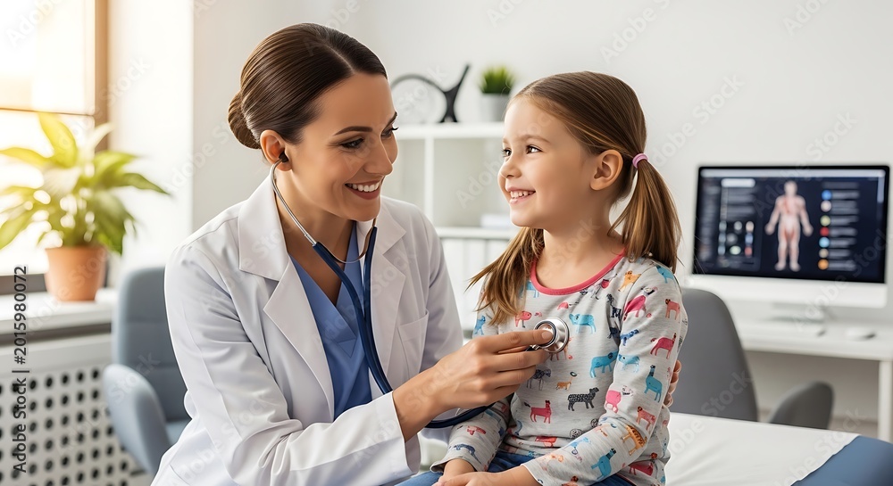 Obraz premium Pediatrician examines a young child using a stethoscope in clinic.