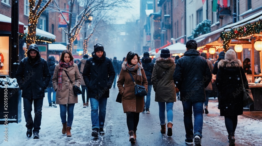 Fototapeta premium People walk on snowy city street, winter coats, scarves, boots. Buildings have warm holiday lights and decorations. Snowflakes fall gently creating festive atmosphere.