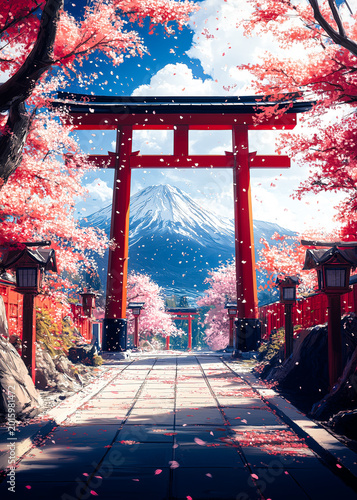 A serene Japanese landscape featuring a majestic torii gate with Mount Fuji in the background surrou