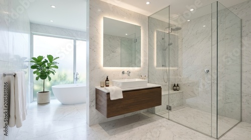 Modern white bathroom interior featuring a freestanding bathtub, a glass-enclosed shower, and a floating vanity with a sink and mirror