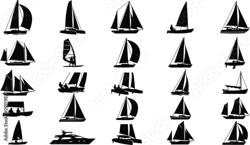 Schilderij op canvas Variety of sailing boats and yachts illustration isolated on white background, V