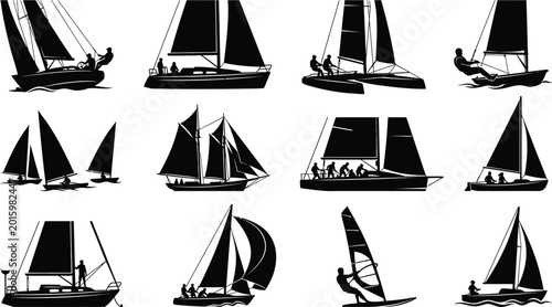 Photography Variety of sailing boats on water isolated on white background, Vector