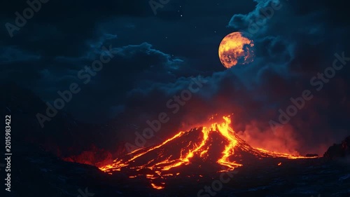Volcano eruption nighttime landscape