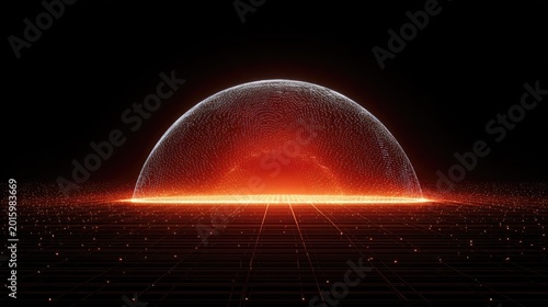 Glowing dome of energy rising from a digital grid