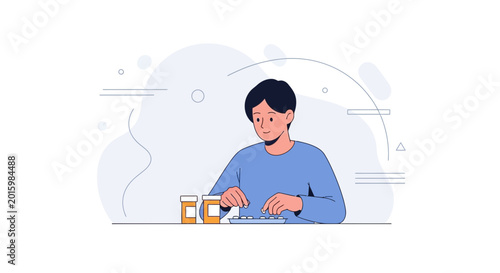 Young person taking medication, pill dispenser, healthcare illustration