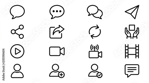 Collection of various social media and communication icons in simple line style