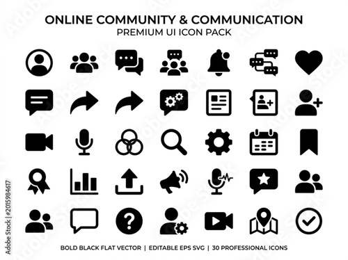 Online community and communication premium ui icon pack with 30 professional bold black flat vector graphics for editable eps svg
