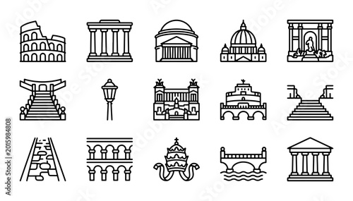Obraz na plátně Iconic Rome Landmarks Collection, Vector Building Set, Italian Architecture Icon