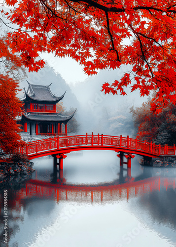 a serene chinese temple by a tranquil lake with a red bridge under autumn foliage asian architecture