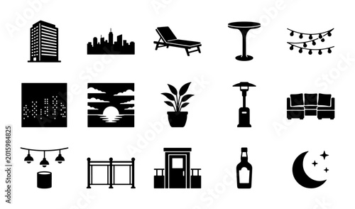 Foto Outdoor Living Icons: Patio Furniture, Cityscape, and Night Sky Vector Set