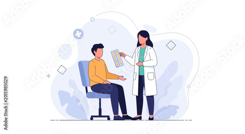 Doctor holding pills, consulting patient in medical office, healthcare illustration