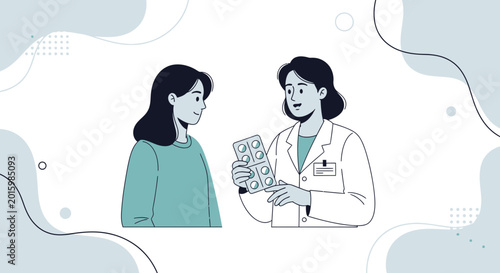 Doctor consulting patient about medication, showing blister pack of pills