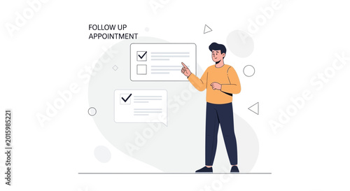 Man pointing at checklist for follow up appointment, digital illustration