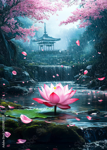 serene japanese garden scene with pink lotus flower and pagoda asian architecture asian garden asian