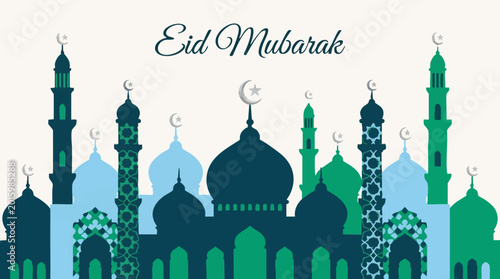 Quadro su tela Eid Mubarak greeting with mosque and minaret silhouettes in blue and green