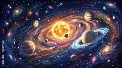 A stunning and beautiful illustration of the solar system in space, cosmos.