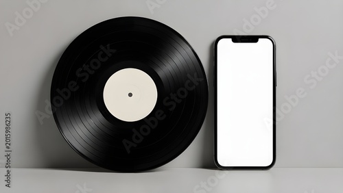 Vinyl Record and Smartphone Mockup For Branding Presentation - A High-Angle Shot Showcasing Digital and Analog Music Platforms