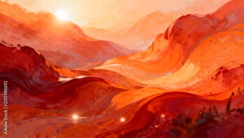 Abstract landscape with flowing red and orange terrain