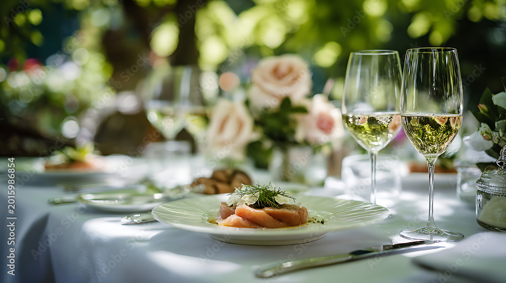 Fototapeta premium Elegant Fine Dining Table Setting Featuring Zürcher Geschnetzeltes Cuisine and Wine Glasses in Romantic Restaurant Ambience