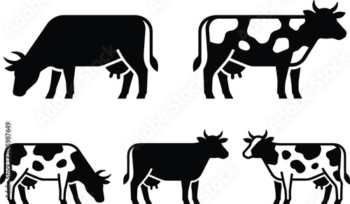 Cow silhouettes icons with Holstein grazing standing horned designs, decorative artwork vector illustration element for farm, dairy, and livestock design