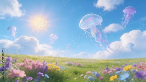 Jellyfish in a floral sky