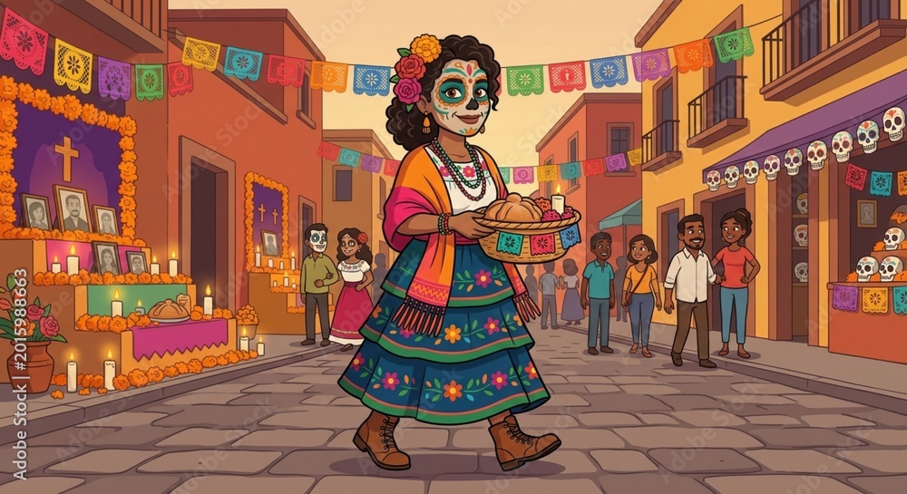 Naklejka premium Vibrant illustration of a woman celebrating Day of the Dead with traditional attire and offerings in a festive street scene
