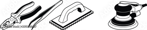 Photos Pliers tweezers trowel orbital sander tool icons, construction repair silhouette