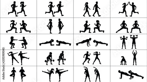 People doing sports black silhouettes set. men and women running and exercising vector illustrations.
