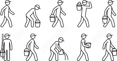 Tableau sur toile Stick figure bucket activity sequence, walking, bending, carrying, lifting, pour