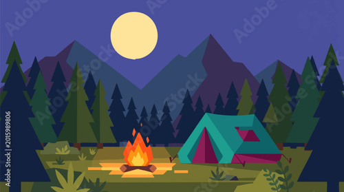 Foto Vector illustration of a night camping scene with tent, campfire, and moon